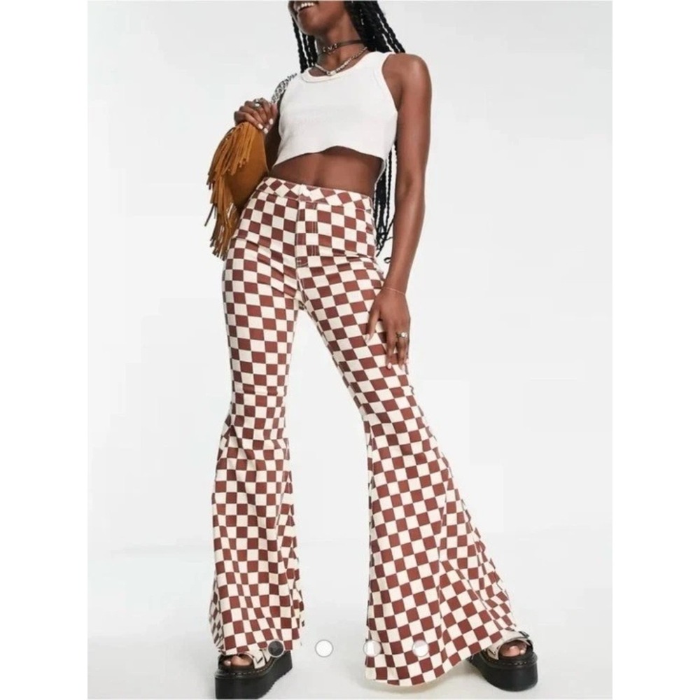 We the Free People Sz 26 Just Float On Flare Jeans Checkerboard Festival Bell